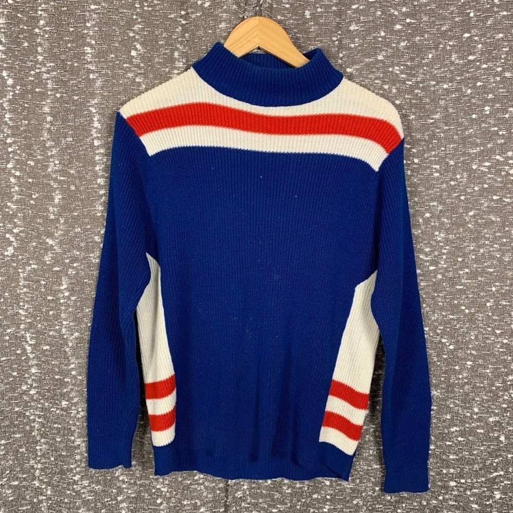 Vintage Andros Ribbed Knit Mock Neck Sweater Colorblock Striped Retro Men's M